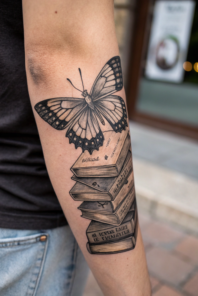 Butterfly tattoo Stencil Ideas: Butterfly and Books: Wisdom in Transformation