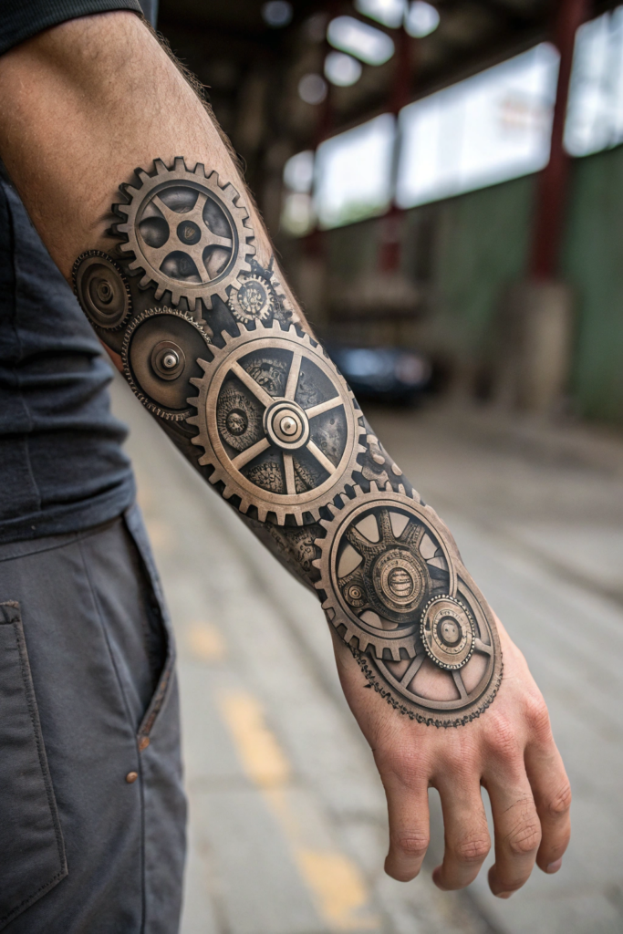 Hand Tattoo Ideas for Men: Mechanical Biomechanical Gears