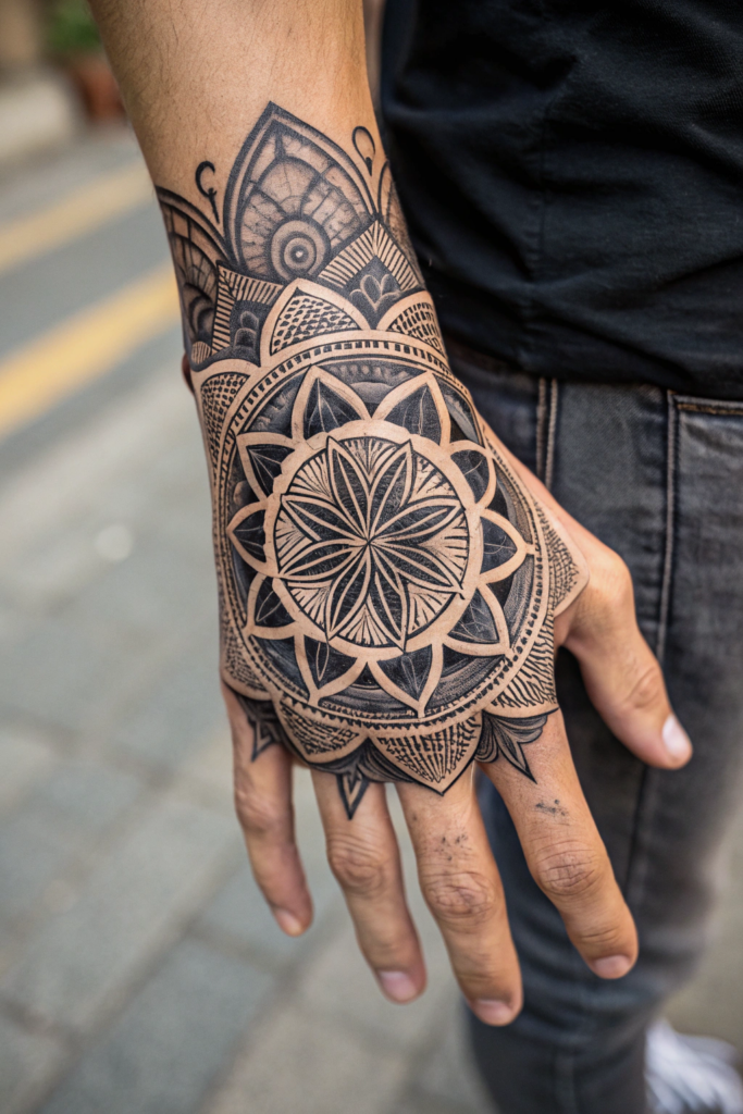 Hand Tattoo Ideas for Men: Sacred Geometry Mandala