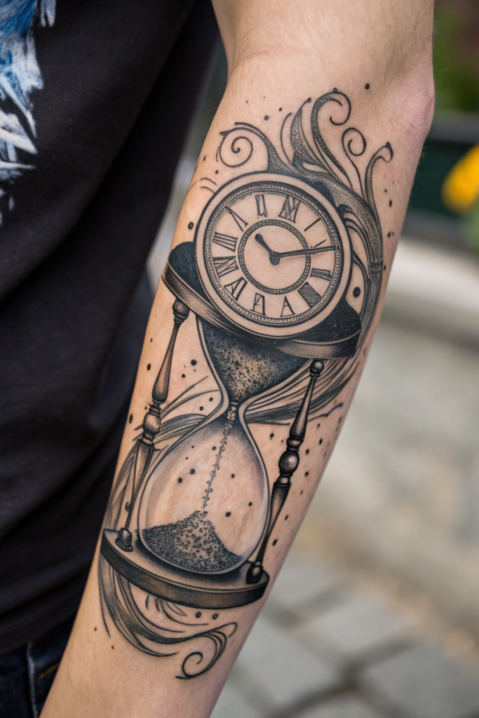 Hand Tattoo Ideas for Men: Clockwork Timepiece with Flowing Sand