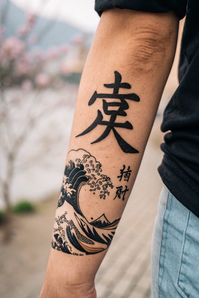 Hand Tattoo Ideas for Men: Japanese Kanji with Brushstroke Effect