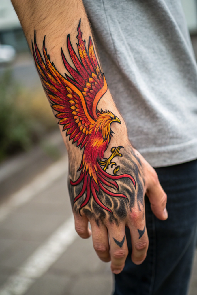 Hand Tattoo Ideas for Men: Phoenix Rising from Ashes