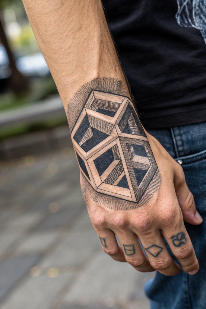 Hand Tattoo Ideas for Men: Optical Illusion 3D Cube