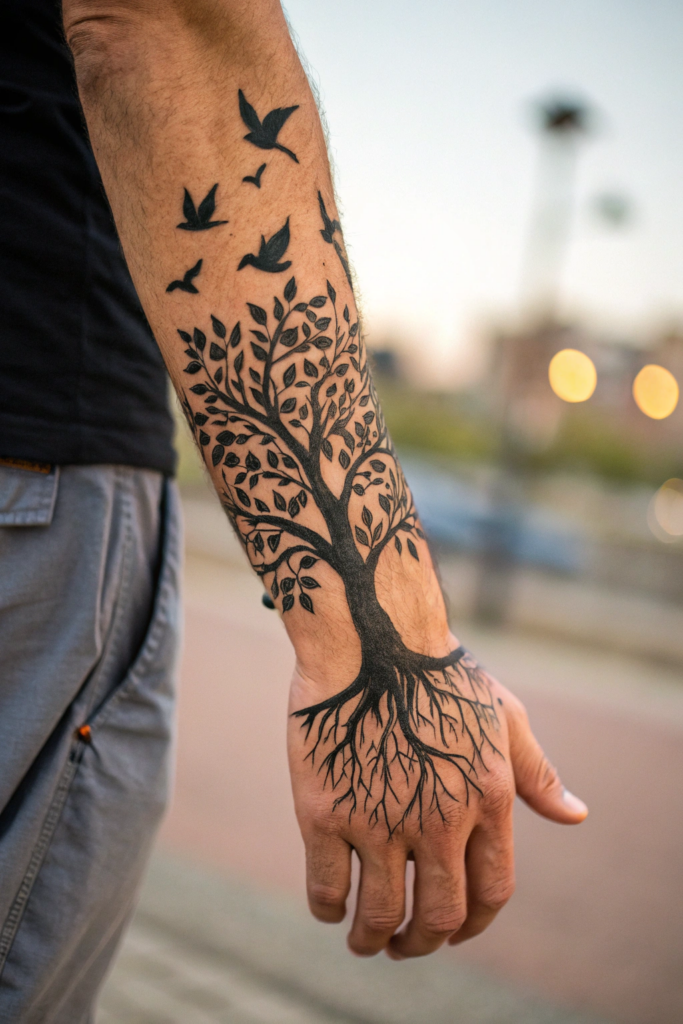 Hand Tattoo Ideas for Men: Tree of Life with Roots and Branches