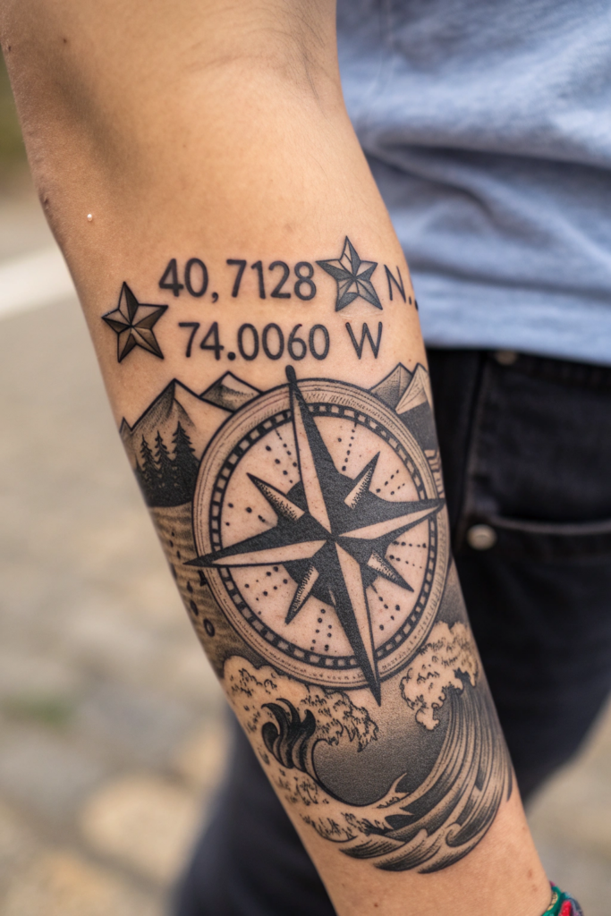 Hand Tattoo Ideas for Men: Compass with Personal Coordinates