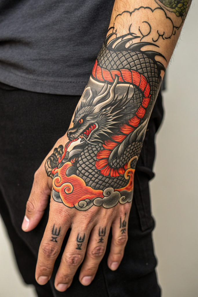 Hand Tattoo Ideas for Men: Mythical Dragon Wrap