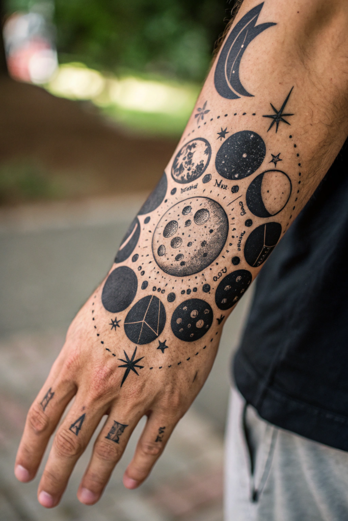 Hand Tattoo Ideas for Men: Moon Phases with Cosmic Elements