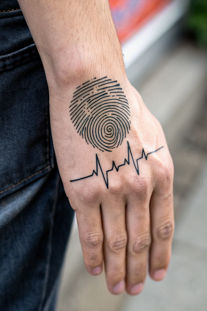 Hand Tattoo Ideas for Men: Fingerprint Heartbeat Line