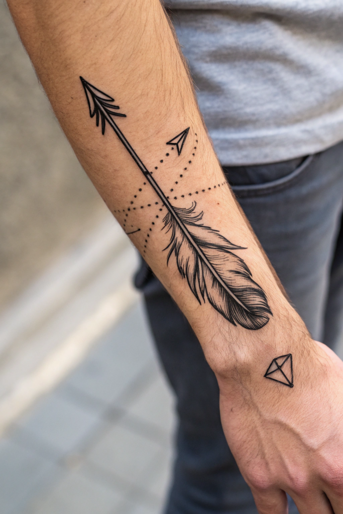 Hand Tattoo Ideas for Men: Minimalist Arrow and Feather