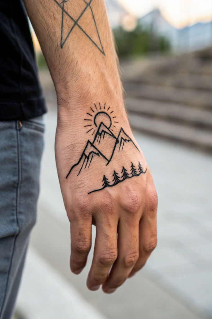 Hand Tattoo Ideas for Men: Minimalist Mountain Range