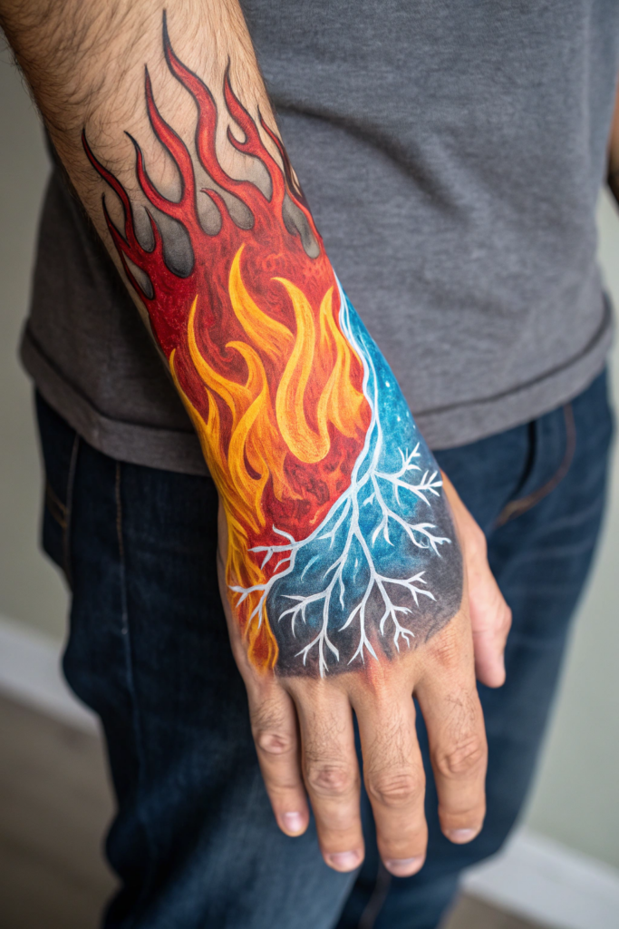 Hand Tattoo Ideas for Men: Abstract Fire and Ice Fusion