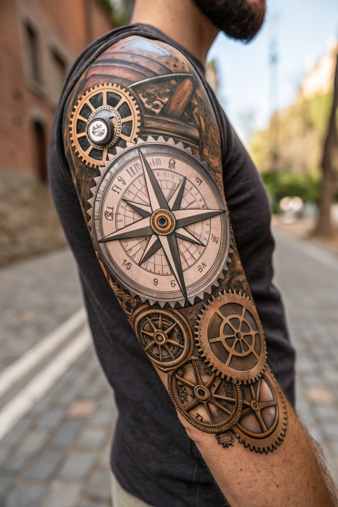 Hand Tattoo Ideas for Men: Steampunk Compass with Gears