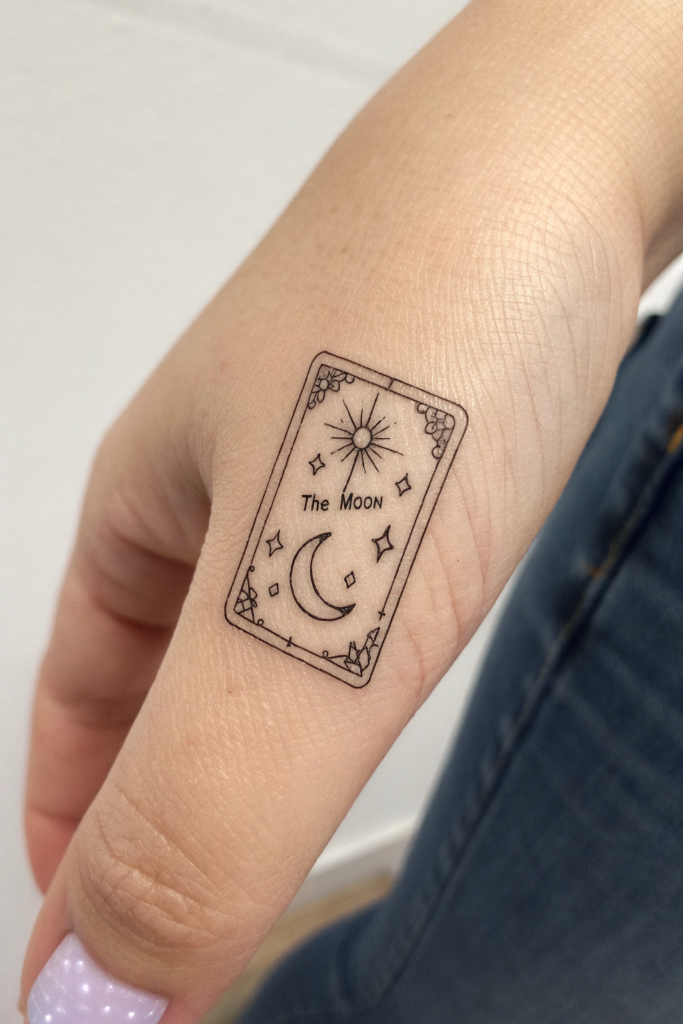 Witchy Finger Tattoos Ideas: Tiny Tarot Card Outline