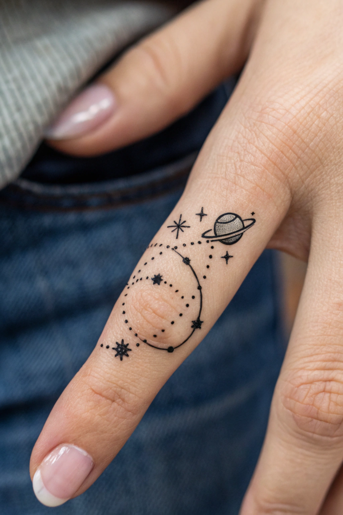 Witchy Finger Tattoos Ideas: Finger Constellation with a Hidden Planet