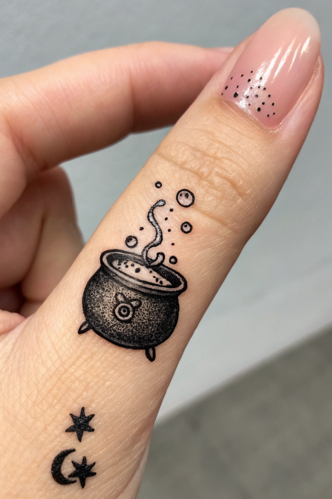 Witchy Finger Tattoos Ideas: Miniature Cauldron with Bubbles