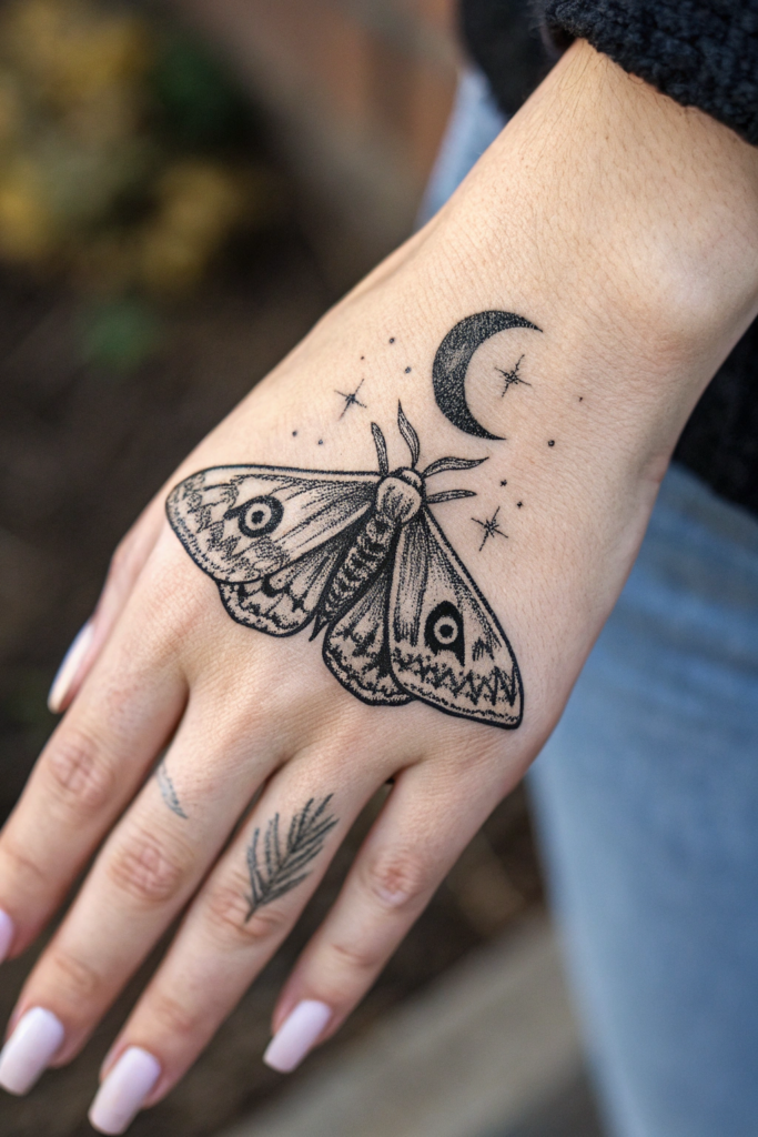 Witchy Finger Tattoos Ideas: Moth with Lunar Patterns