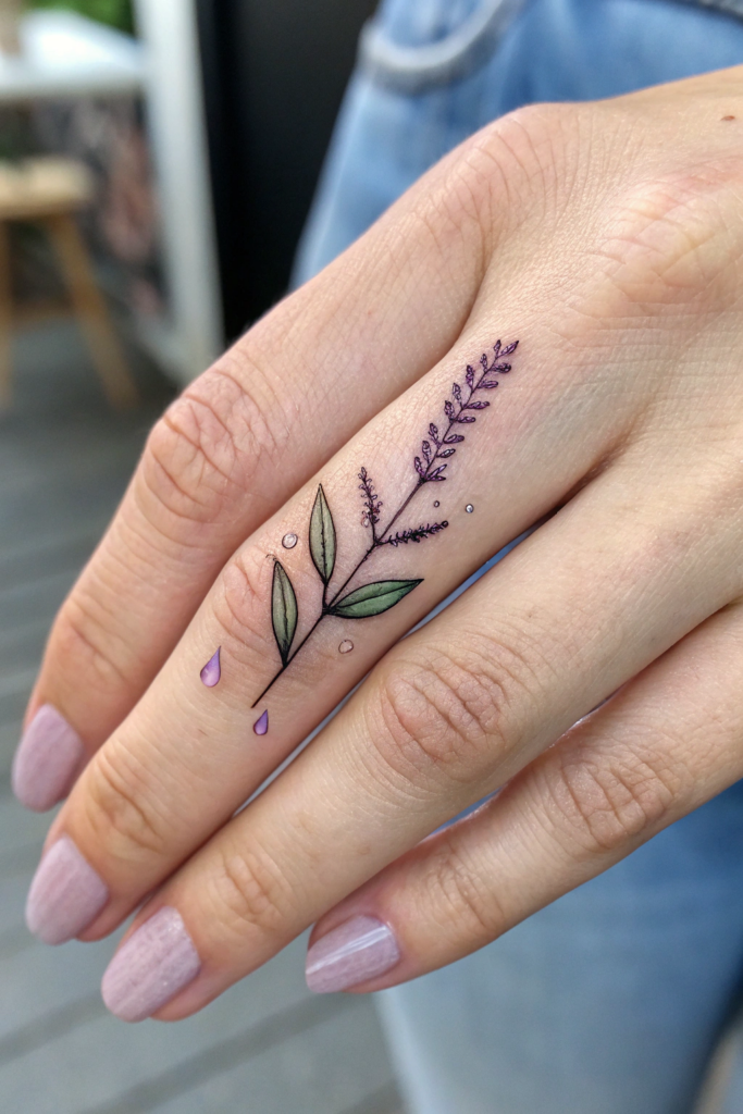 Witchy Finger Tattoos Ideas: Herb Sprig with Dewdrops