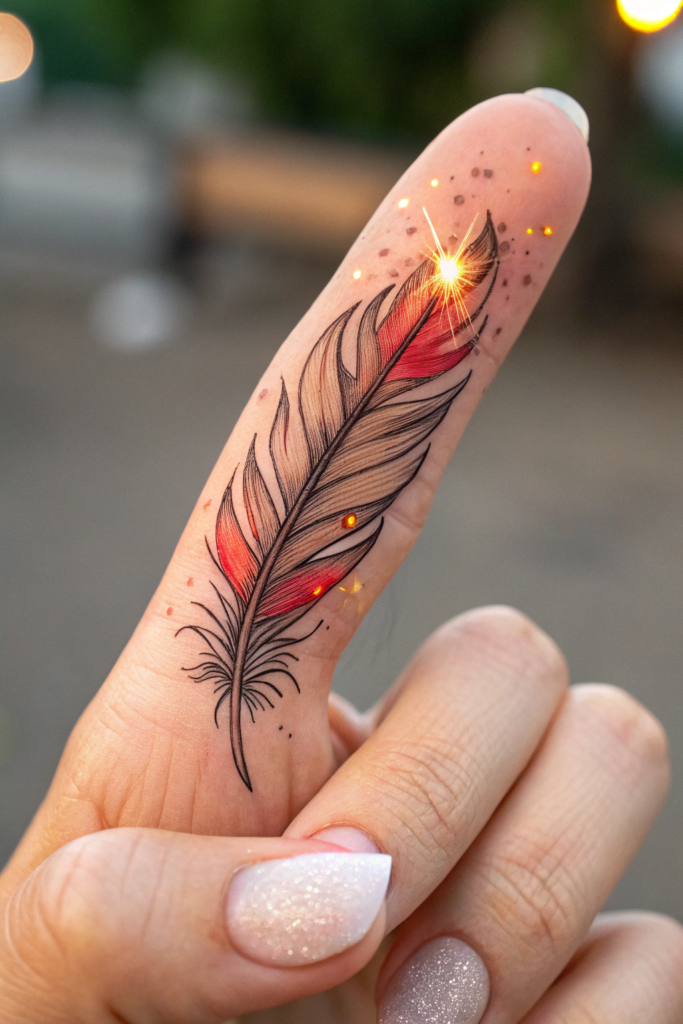 Witchy Finger Tattoos Ideas: Phoenix Feather with Embers