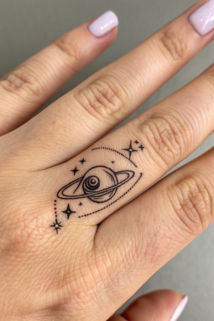 Witchy Finger Tattoos Ideas: Planetary Rings with a Hidden Eye