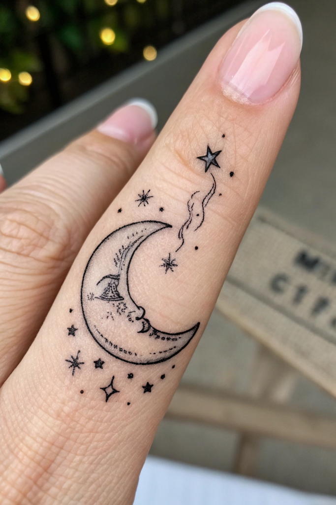 Witchy Finger Tattoos Ideas: Crescent Moon with a Wispy Trail