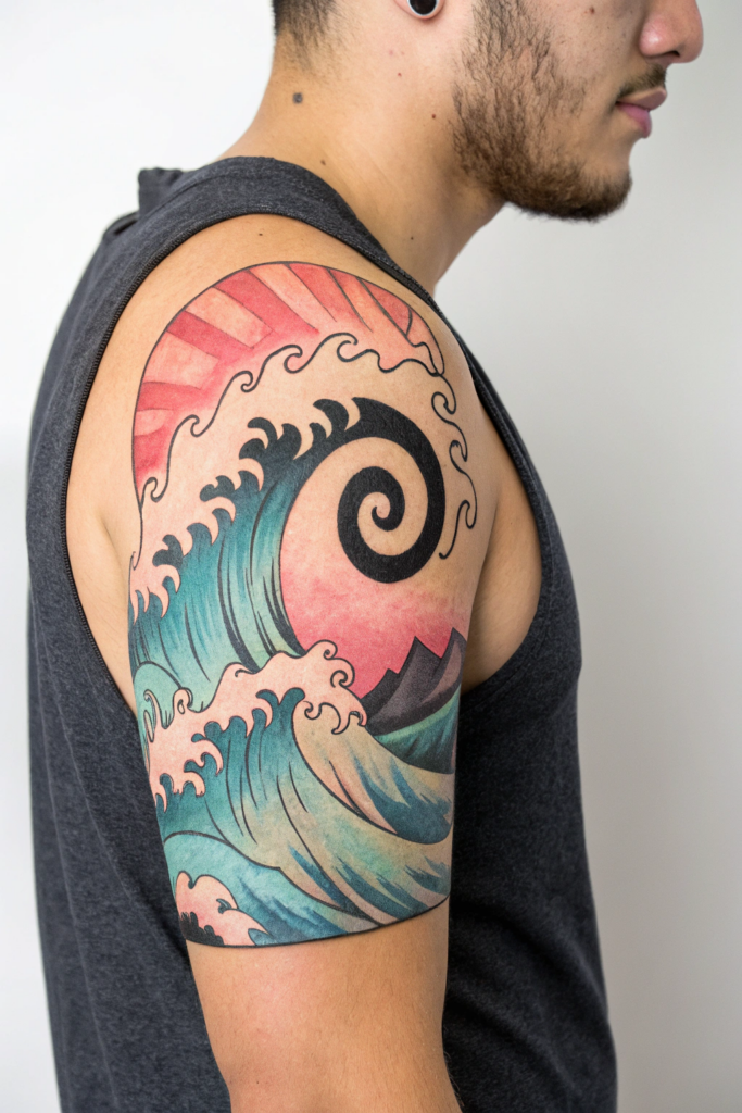 Cultural Tattoo Ideas: 2. Maori Koru Spiral with Watercolor Waves