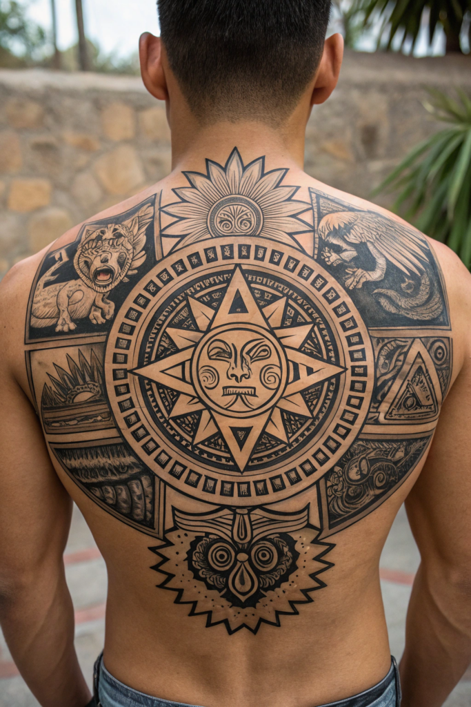 Cultural Tattoo Ideas: 5. Aztec Sun Stone with Geometric Animal Totems