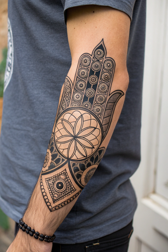 Cultural Tattoo Ideas: 6. Hamsa Hand with Mandala and Sacred Geometry