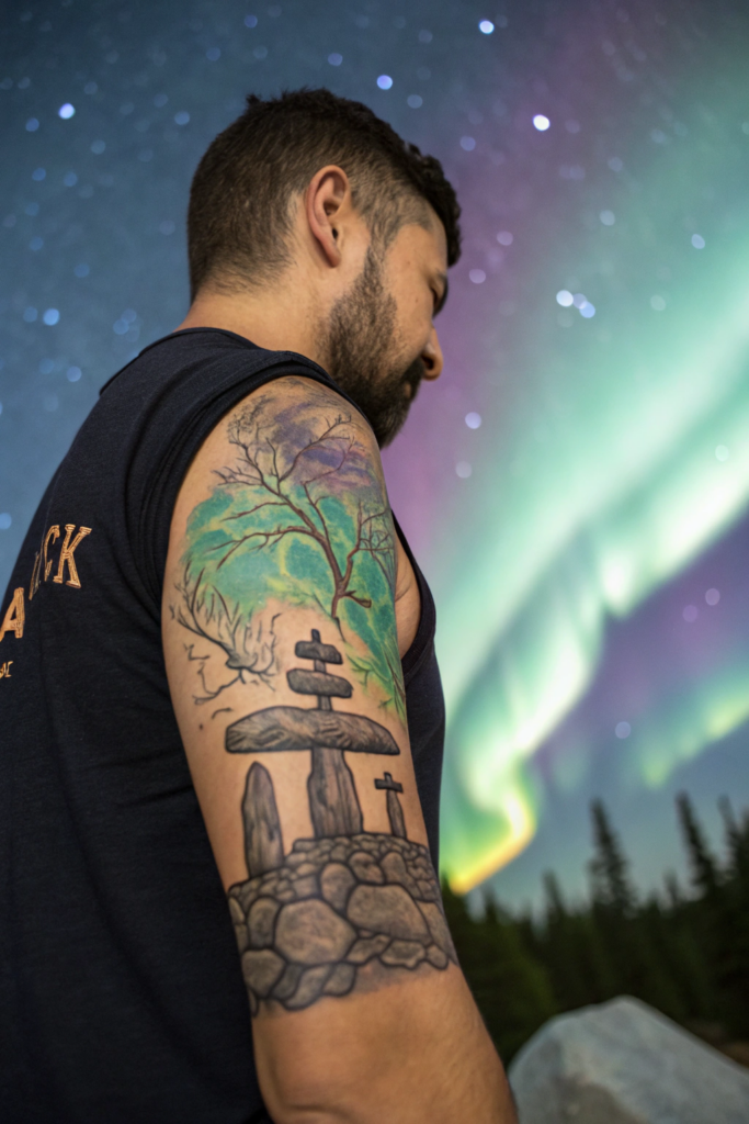 Cultural Tattoo Ideas: 7. Inuit Inuksuk with Aurora Borealis