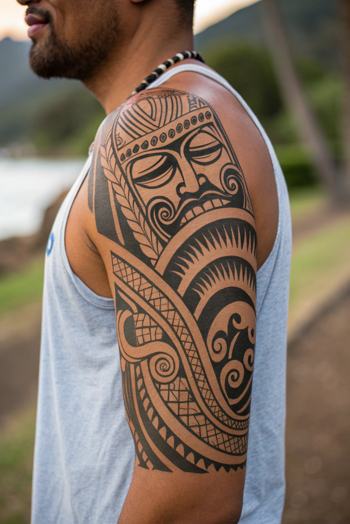 Cultural Tattoo Ideas: 9. Polynesian Tiki with Oceanic Wave Patterns