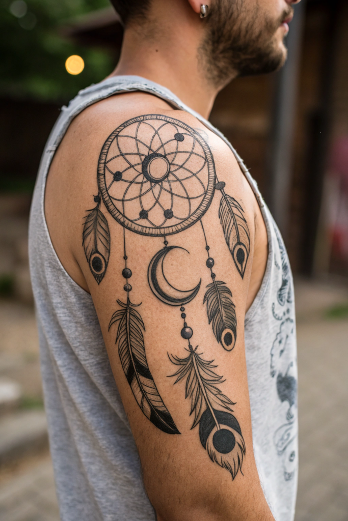 Cultural Tattoo Ideas: 10. Native American Dreamcatcher with Feather and Moon Phases