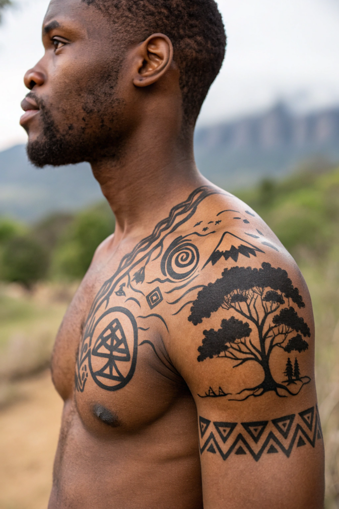 Cultural Tattoo Ideas: 12. African Adinkra Symbols with Tribal Landscape