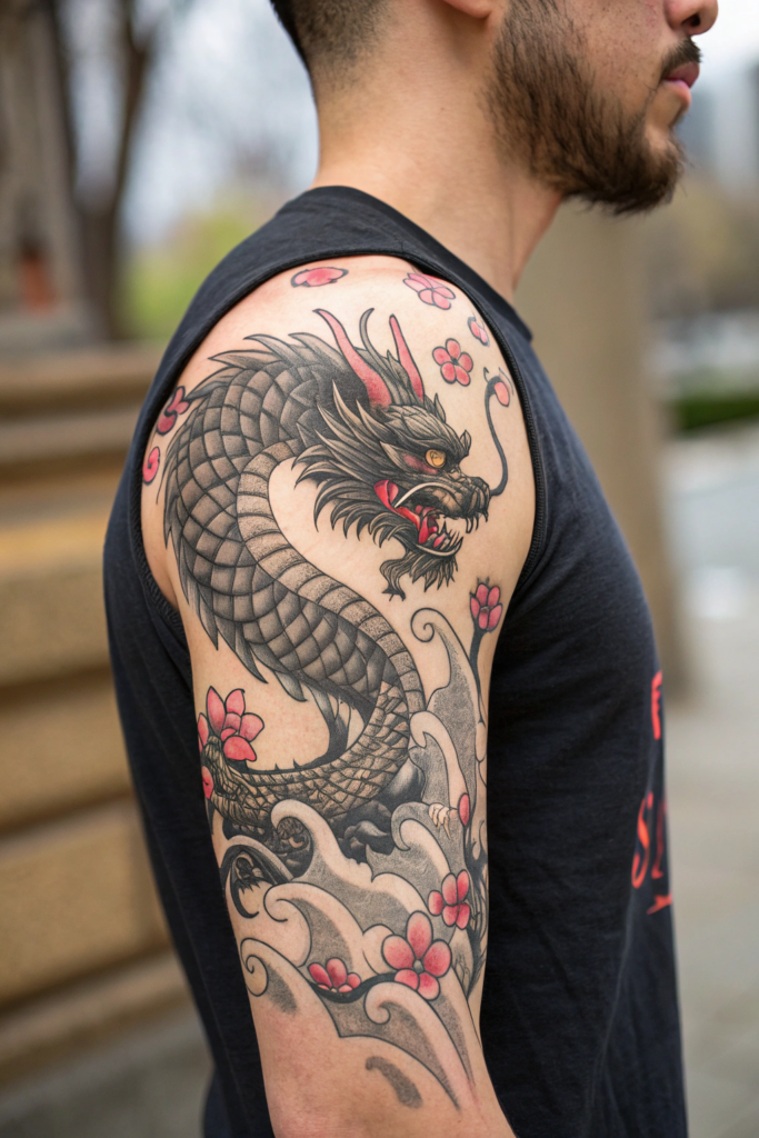 Cultural Tattoo Ideas: 13. Chinese Dragon with Cherry Blossom Storm