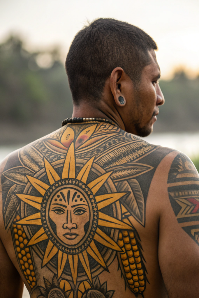 Cultural Tattoo Ideas: 17. Inca Sun God Inti with Agricultural Symbols