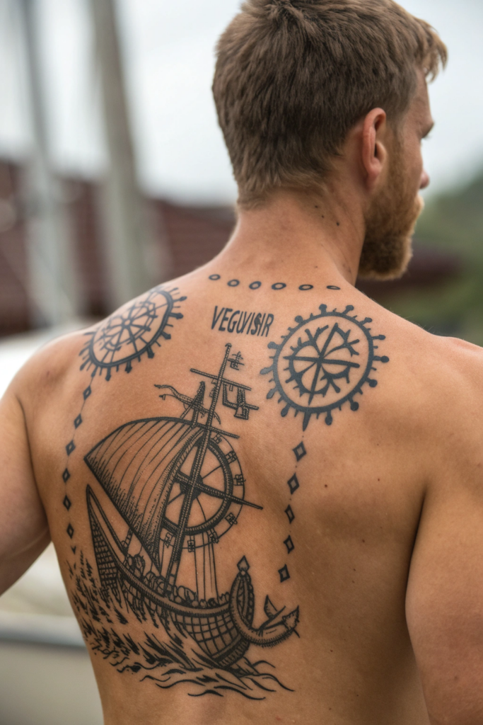 Cultural Tattoo Ideas: 20. Viking Longship with Runic Compass