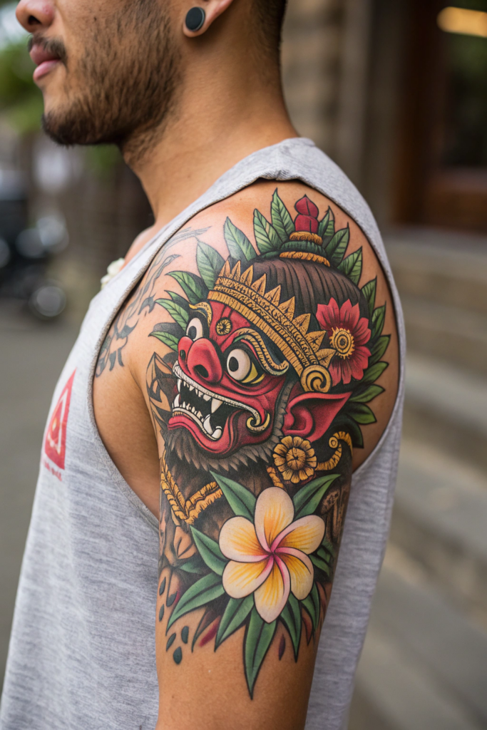 Cultural Tattoo Ideas: 21. Balinese Barong Mask with Floral Offerings