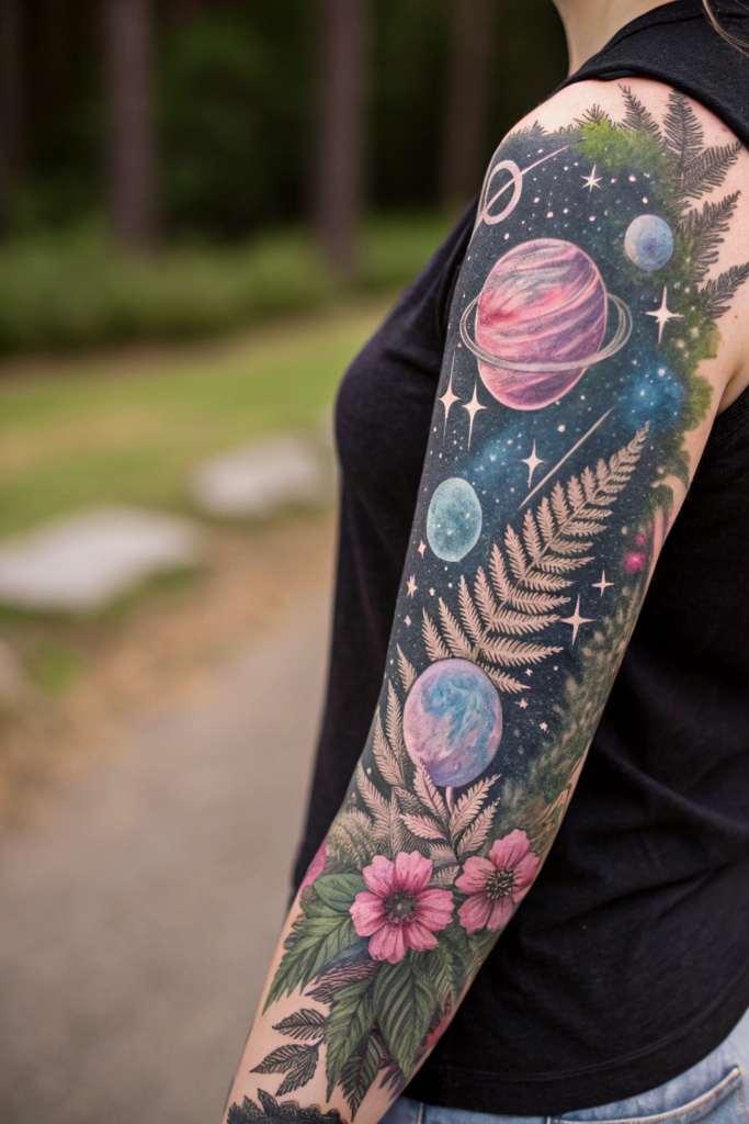 Botanical Tattoo Sleeve Ideas: 1. Celestial Garden: Planets and Florals Collide