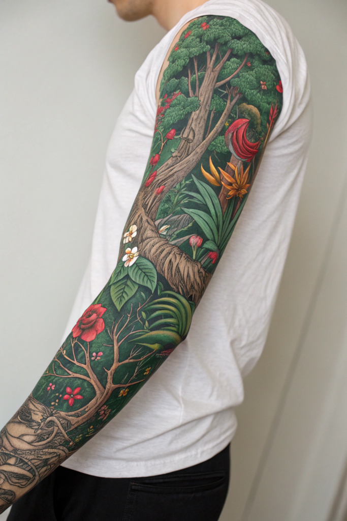 Botanical Tattoo Sleeve Ideas: 2. Mythical Flora: Creatures Hidden in the Leaves