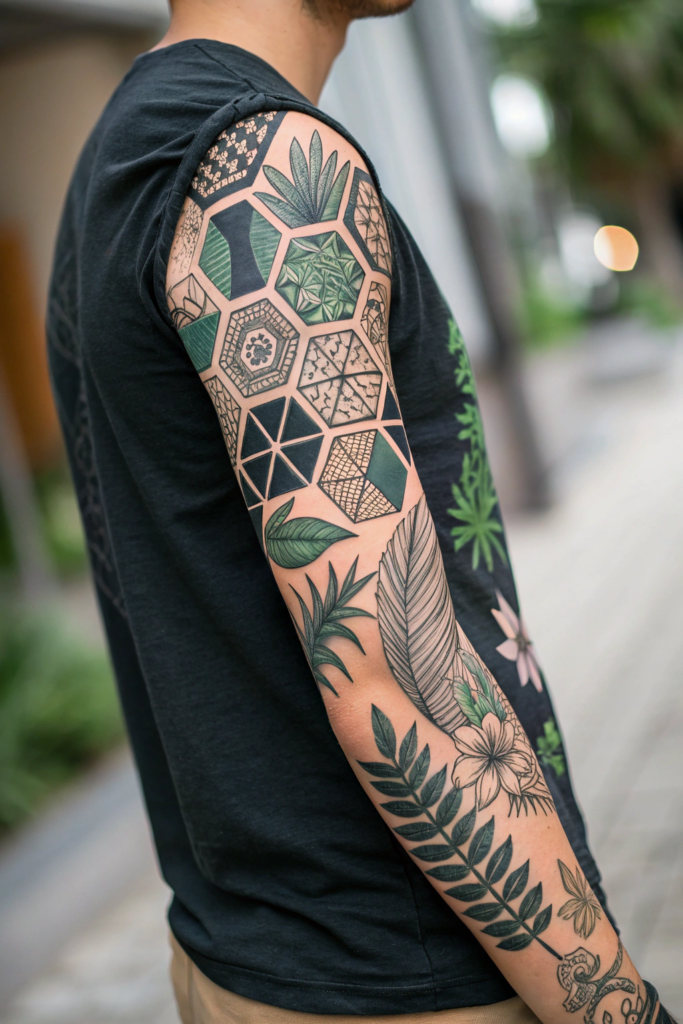 Botanical Tattoo Sleeve Ideas: 3. Geometric Jungle: Symmetry Meets Wild Nature