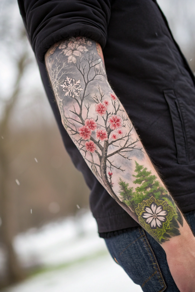 Botanical Tattoo Sleeve Ideas: 4. Seasonal Transition: From Winter to Spring