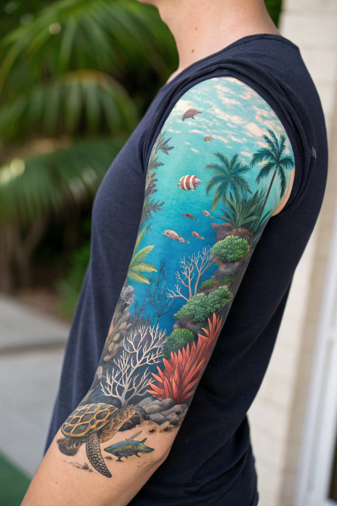 Botanical Tattoo Sleeve Ideas: 5. Underwater Oasis: Marine Life Meets Tropical Plants