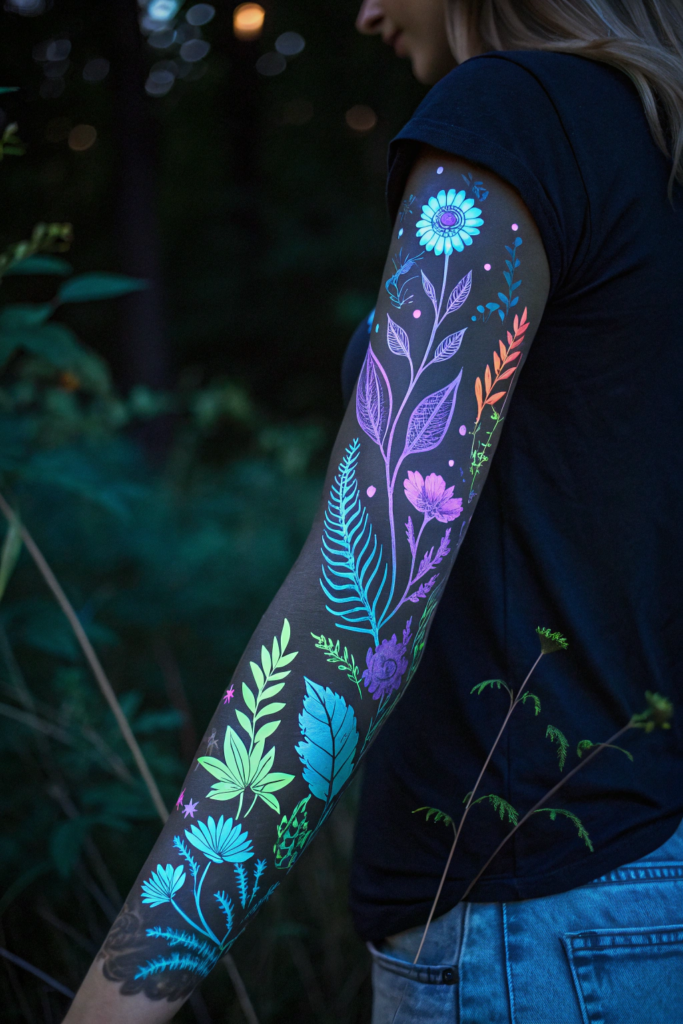 Botanical Tattoo Sleeve Ideas: 6. Bioluminescent Forest: Glow-in-the-Dark Flora