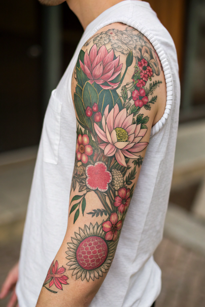 Botanical Tattoo Sleeve Ideas: 7. Cultural Fusion: Botanical Patterns from Around the World