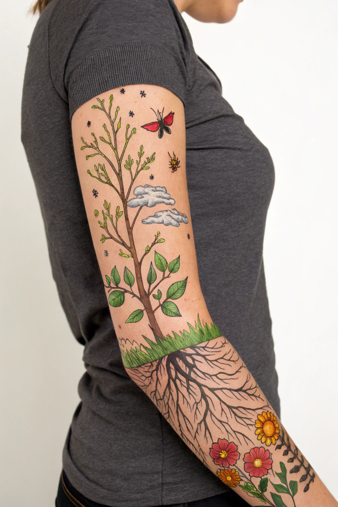 Botanical Tattoo Sleeve Ideas: 8. Time-Lapse Garden: Growth in Motion