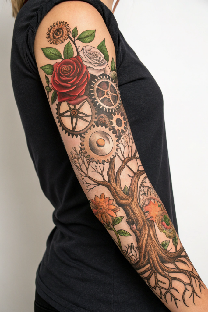 Botanical Tattoo Sleeve Ideas: 9. Steampunk Garden: Mechanical Blooms and Gears