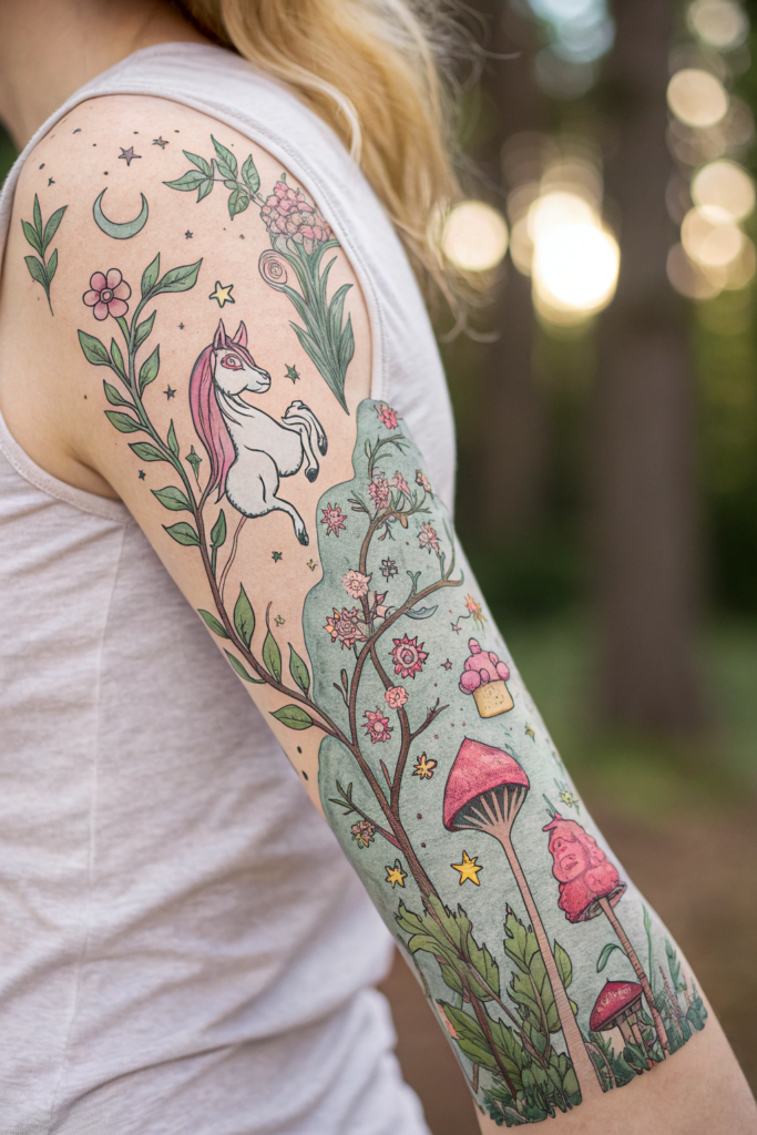 Botanical Tattoo Sleeve Ideas: 10. Enchanted Forest: Whimsical Creatures and Magical Plants