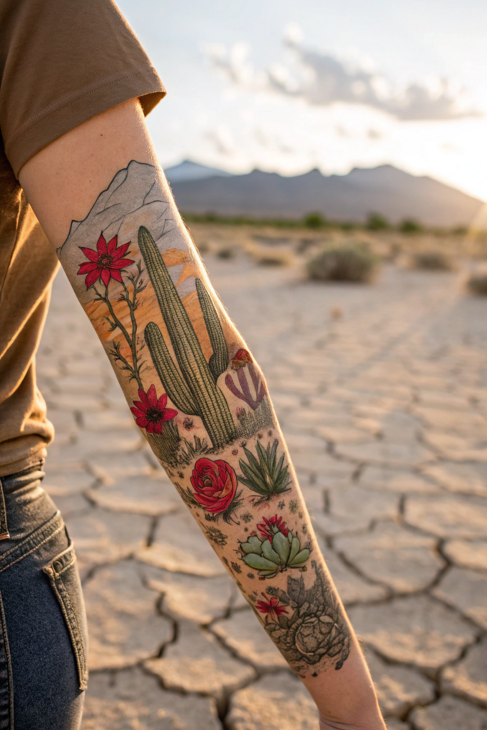 Botanical Tattoo Sleeve Ideas: 11. Desert Mirage: Cacti and Blooms in Arid Beauty