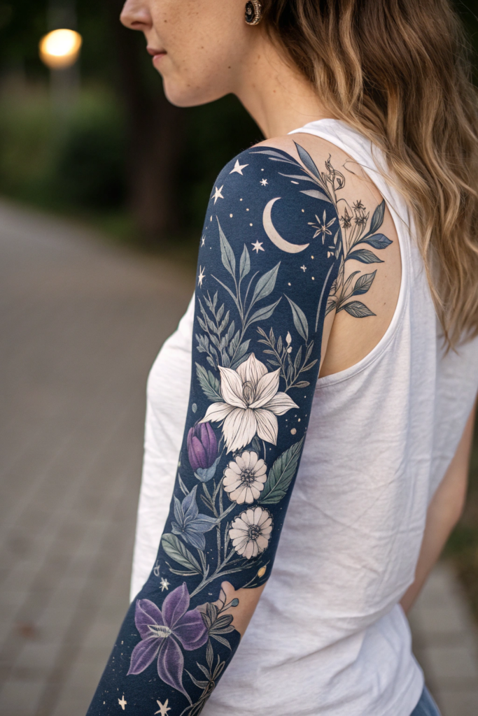 Botanical Tattoo Sleeve Ideas: 13. Moonlit Garden: Night-Blooming Flowers and Lunar Phases