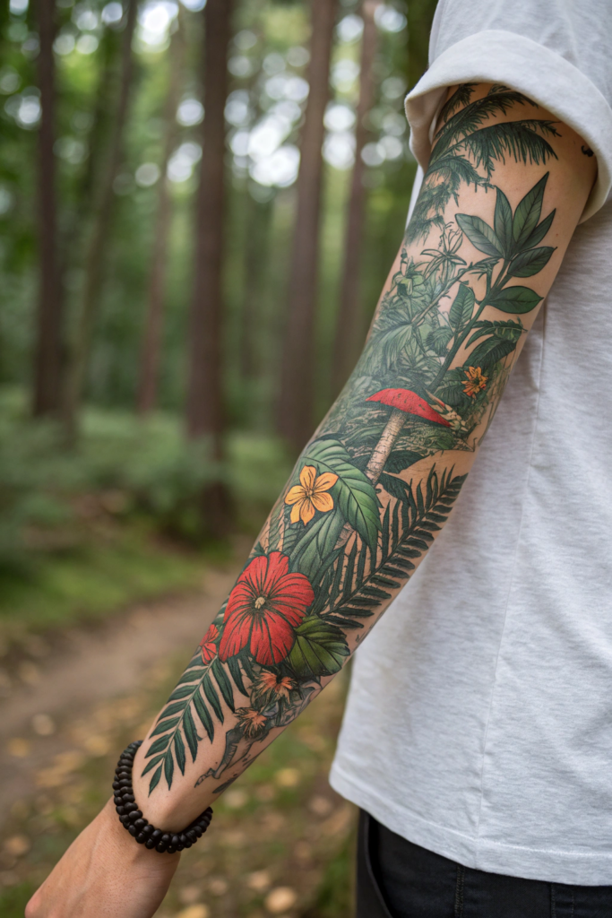 Botanical Tattoo Sleeve Ideas: 14. Rainforest Canopy: Layers of Life and Color