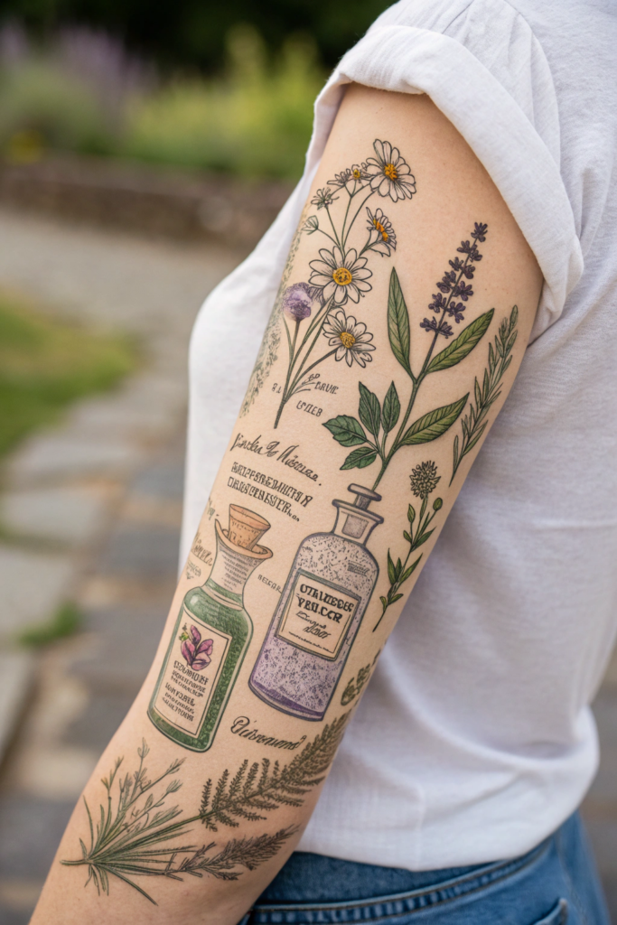 Botanical Tattoo Sleeve Ideas: 15. Herbal Apothecary: Healing Plants and Botanical Illustrations