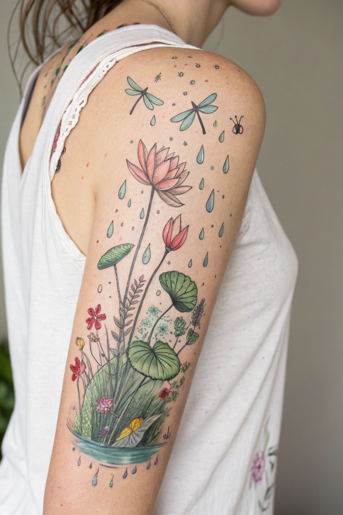 Botanical Tattoo Sleeve Ideas: 16. Floating Garden: Gravity-Defying Plants and Water Droplets